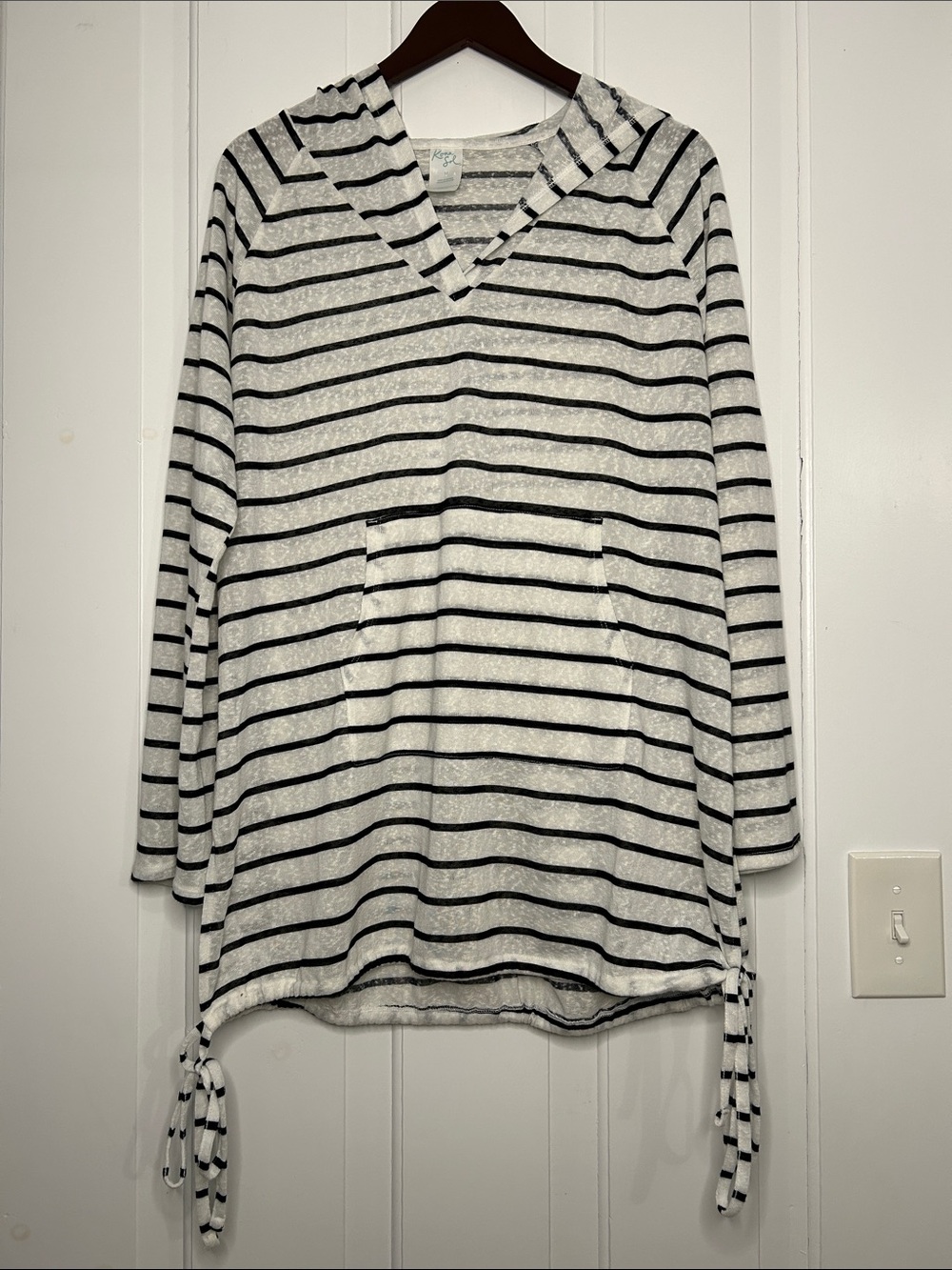 Kona Sol Black & White Striped semi-sheer V-Neck Hooded Tunic with Side Ties